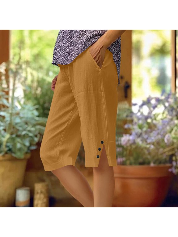 Women’s Elastic High Waist Split Linen Cotton Hem Bermuda Shorts,Casual Loose Fit Shorts with Pockets Orange,Women's Plus XXXL