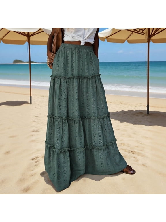 Women's Elastic High Waist Tiered Flowy Maxi Skirt,Solid Casual A Line Long Swing Skirt Green,Women's Plus L