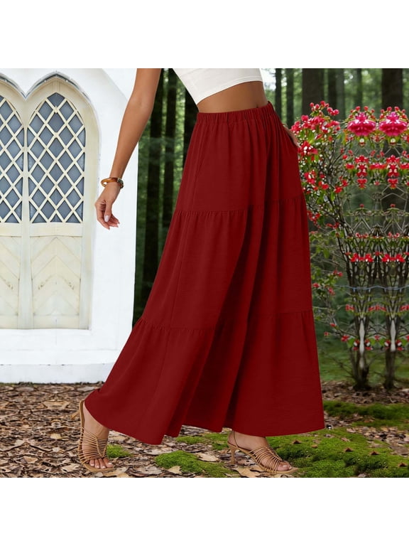 Women's Elastic High Waist Tiered Flowy Maxi Skirt,Solid Casual A Line Long Swing Skirt Red,Women's Plus XXL