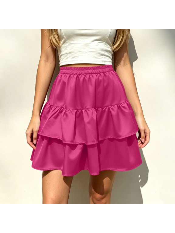 Women's Elastic High Waist Tiered Ruffle Flowy A Line Mini Skirt,Casual Summer Swing Skirt Hot Pink,Women's Plus M