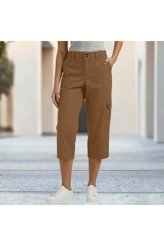 Women's Elastic Waist Capri Pants, Casual Cropped Trousers with Pockets for Summer and Everyday Wear Coffee,Women's Plus XL