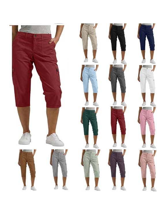 Women's Elastic Waist Capri Pants, Casual Cropped Trousers with Pockets for Summer and Everyday Wear,Red,Women's Capri XXL