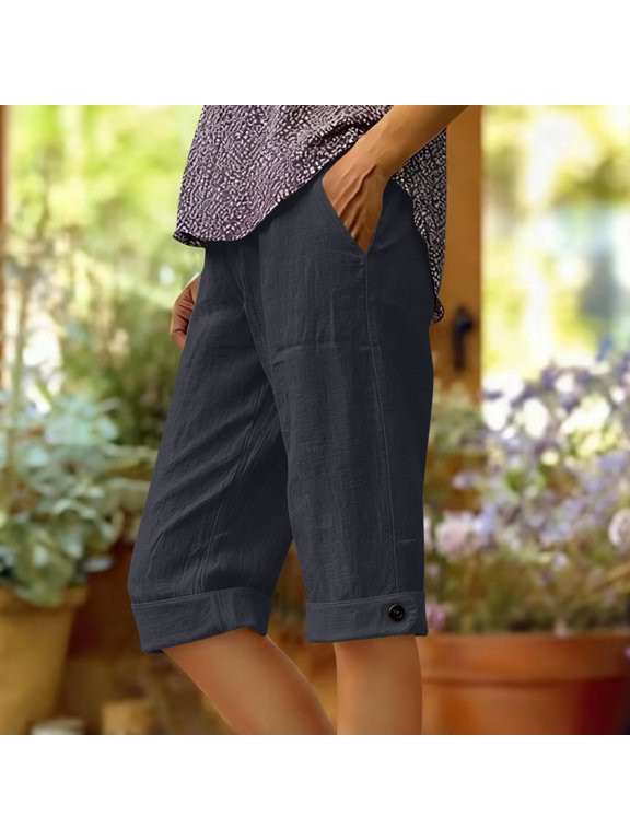 Women's Elastic Waist Capri Pants, Casual Loose Fit Cropped Trousers with Pockets for Summer Gray,Women's Plus XXL