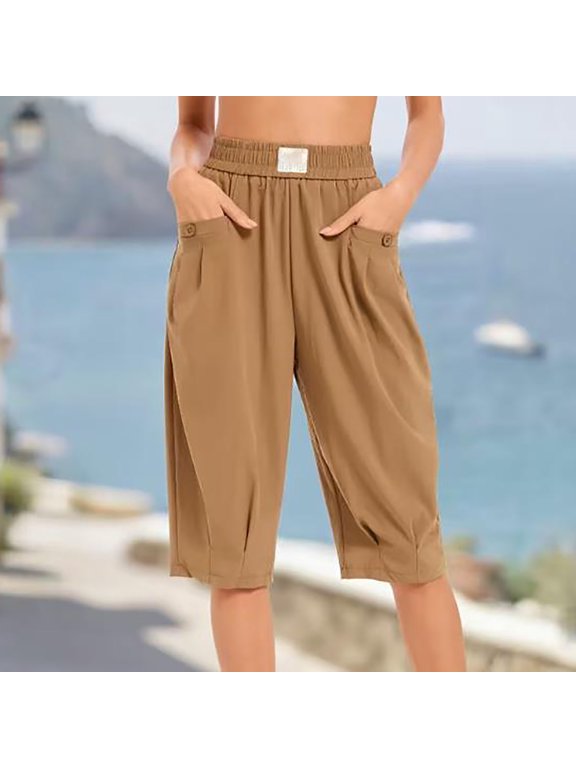 Women's Elastic Waist Capri Shorts with Pockets,Casual Loose Fit Summer Beach Cropped Pants Khaki,Women's Plus XL