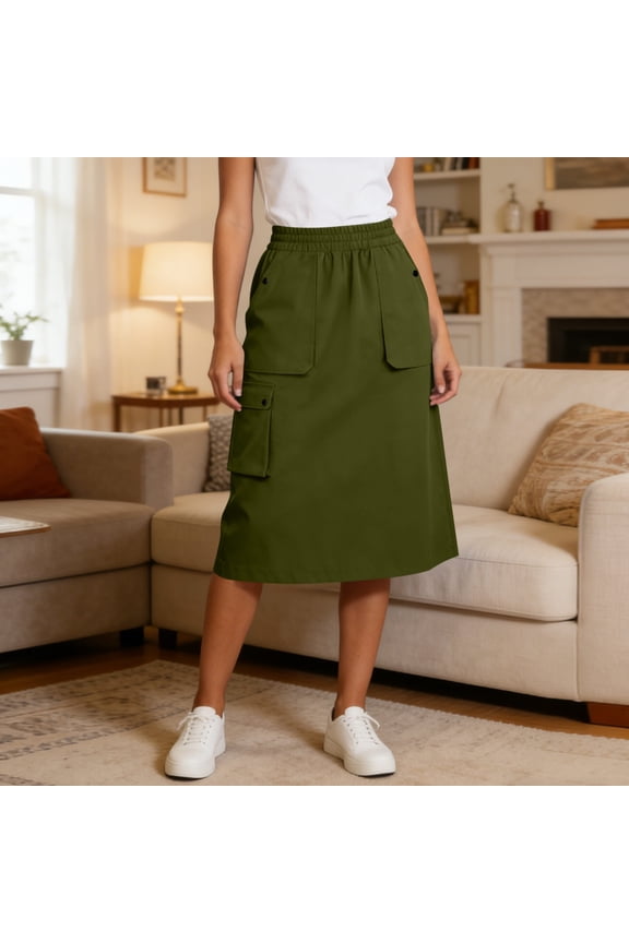 Women's Elastic Waist Cargo Midi Skirt with Pockets ,Casual Loose Fit Skirt Army Green,Women's Plus XL