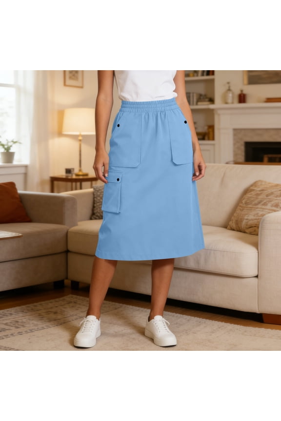 Women's Elastic Waist Cargo Midi Skirt with Pockets ,Casual Loose Fit Skirt Light Blue,Women's Plus S