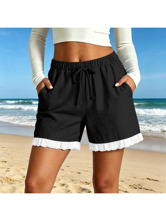 Women's Elastic Waist Drawstring Shorts with Ruff Lace Hem,Casual Summer Beach Shorts with Pockets Black,Women's Plus XXL