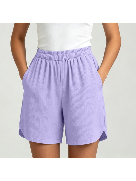Women’s Elastic Waist Shorts with Pockets, Relaxed Fit Summer Lounge Shorts Purple,Women's Plus XXL