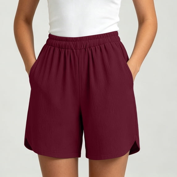 Binmer Women’s Elastic Waist Shorts with Pockets, Relaxed Fit Summer Lounge Shorts Wine,Women's Plus XXL