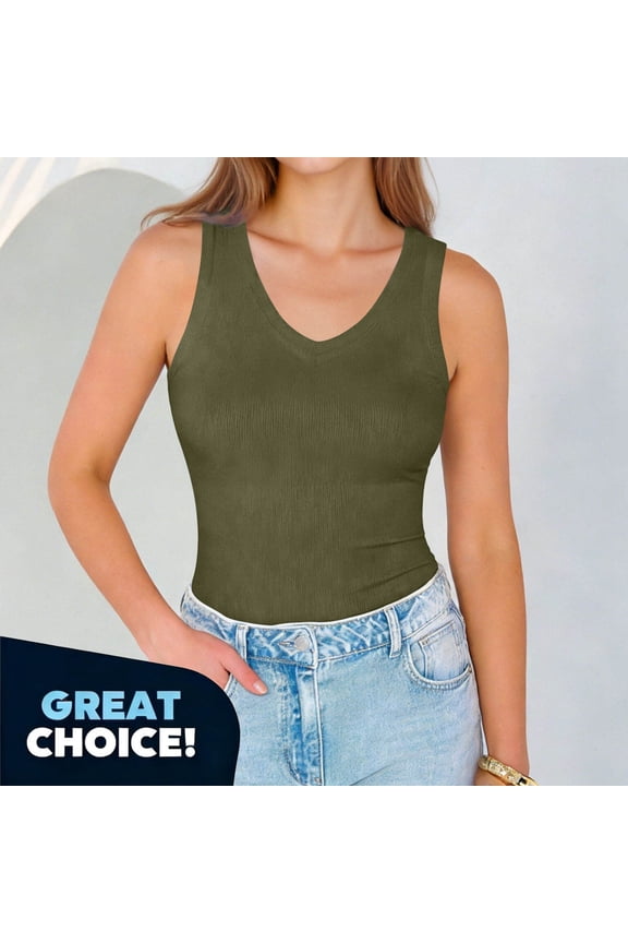 Women's Fitted Crewneck Tank Top, Everyday Seamless Tanks, Women's Plus Army Green,Size L