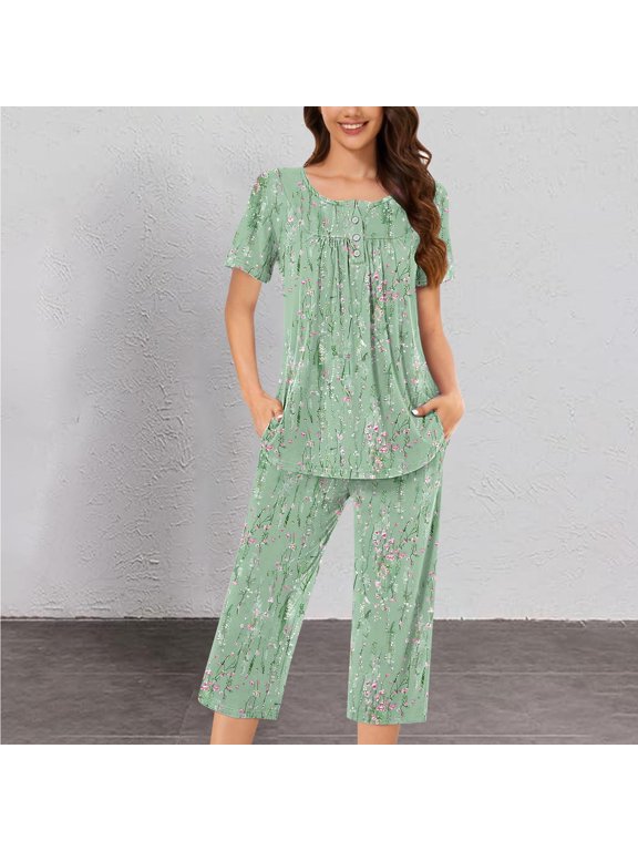 Women's Floral Print 2 Piece Pajama Set, Short Sleeve Top and Capri Pants Loungewear with Pockets for Summer b-Green,Women's Plus L