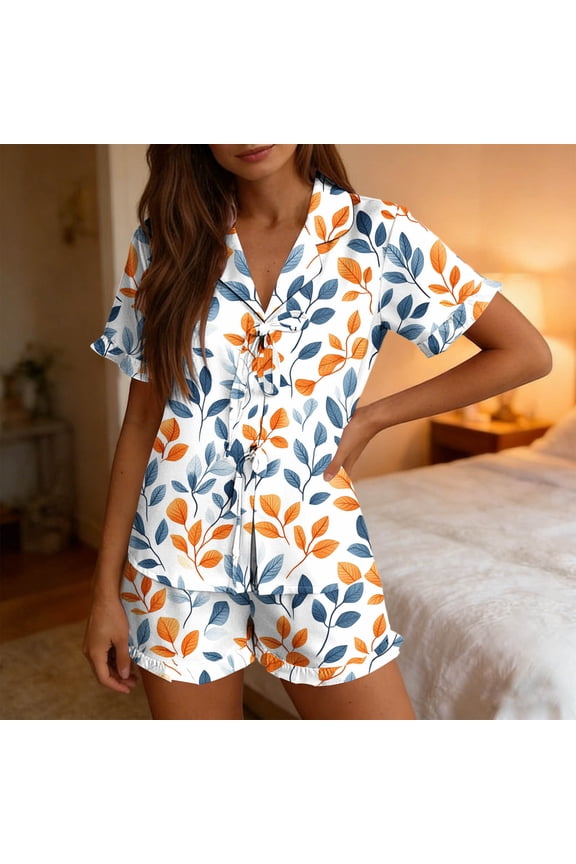 Women's Floral Print Pajama Set, Notch Collar Short Sleeve Button Down Shirt and Shorts 2-Piece Loungewear, Cute Sleepwear for Women White,Women's Plus XL