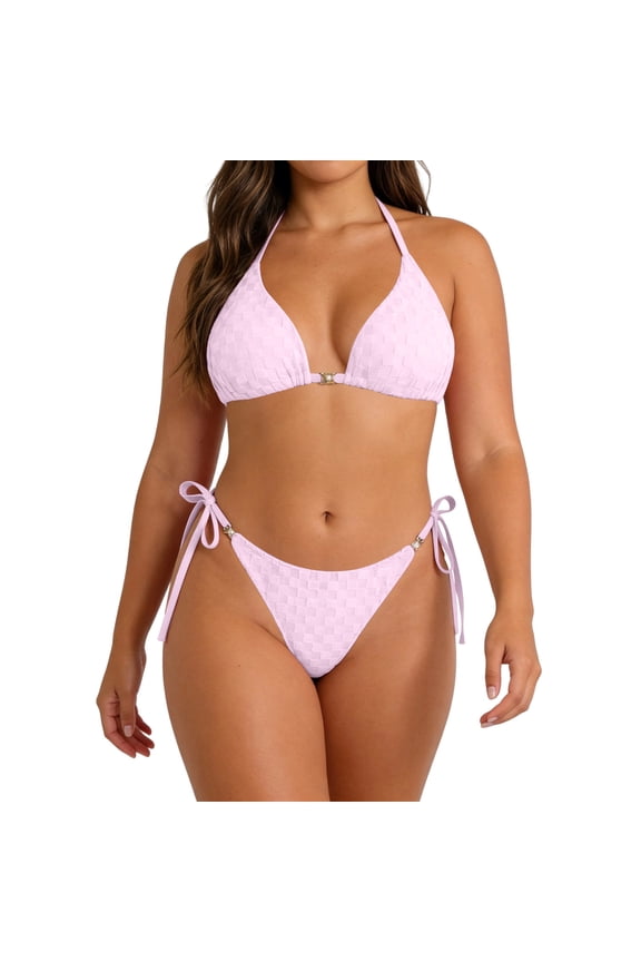 Women's Halter Triangle Bikini Set, 2-Piece Swimsuit with Adjustable Neck Tie and Side Tie Bottom, Bathing Suit for Beach and Pool Pink,Women's Plus L