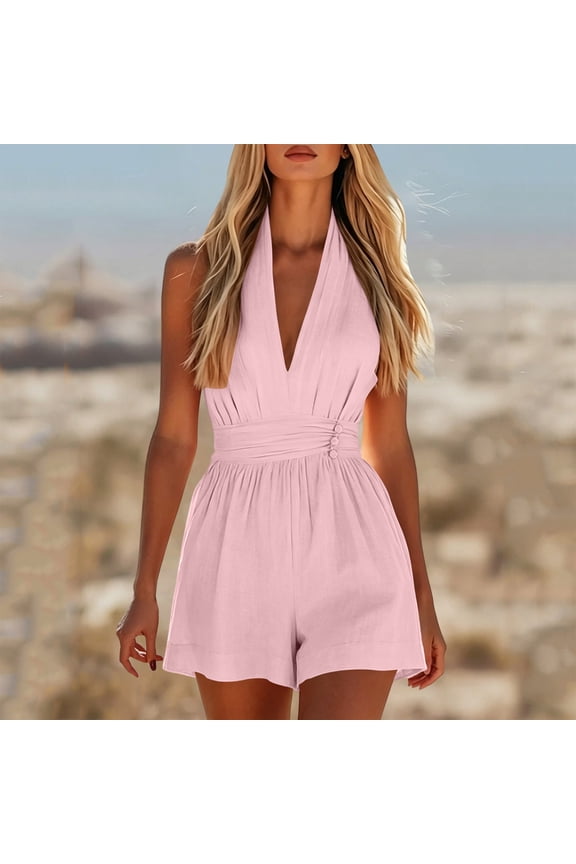 Women’s Halter V Neck Waist Tie Romper with Pocket,Summer Casual Vacation Short Outfit Pink,Women's Plus M