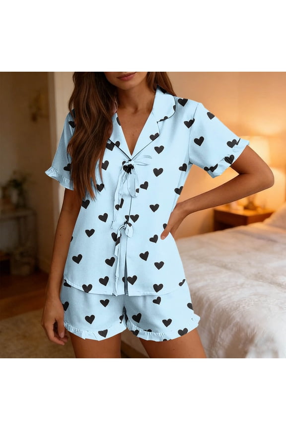 Women's Heart Print Pajama Set, Notch Collar Short Sleeve Button Down Shirt and Shorts 2-Piece Loungewear, Cute Sleepwear for Women Light Blue,Women's Plus XXL