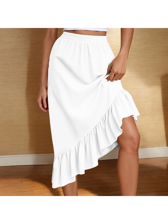 Women's High Waist Asymmetrical Ruffle Hem Midi Skirt,Casual Summer Flowy Skirt White,Women's Plus M