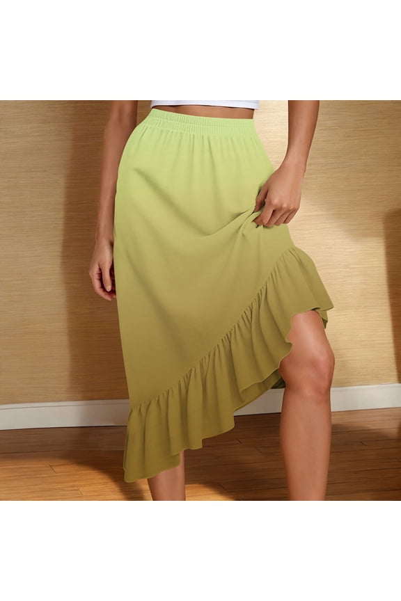 Women's High Waist Asymmetrical Ruffle Hem Midi Skirt,Casual Summer Flowy Skirt Yellow,Women's Plus S
