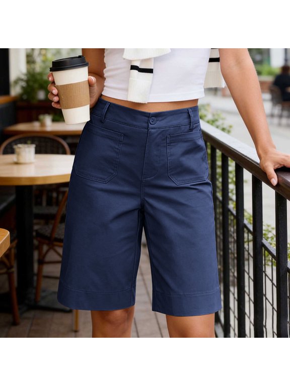 Women's High Waist Bermuda Shorts, Casual Straight Leg Knee Length Shorts with Pockets Navy,Women's Plus XXL