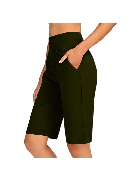 Women's High Waist Bermuda Yoga Shorts, Elastic Waist Knee Length Casual Pants with Pockets Army Green,Women's Plus M