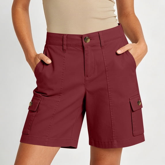 Binmer Women’s High Waist Button Cargo Shorts,Casual Summer Workout Shorts with Pockets Wine,Women's Plus M