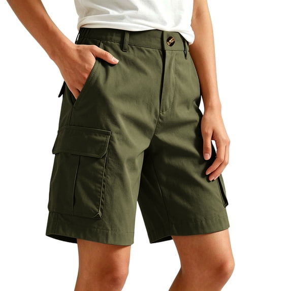 Binmer Women's High Waist Button Cargo Shorts with Pocket,Casual Outdoor Summer Shorts Army Green,Women's Plus L