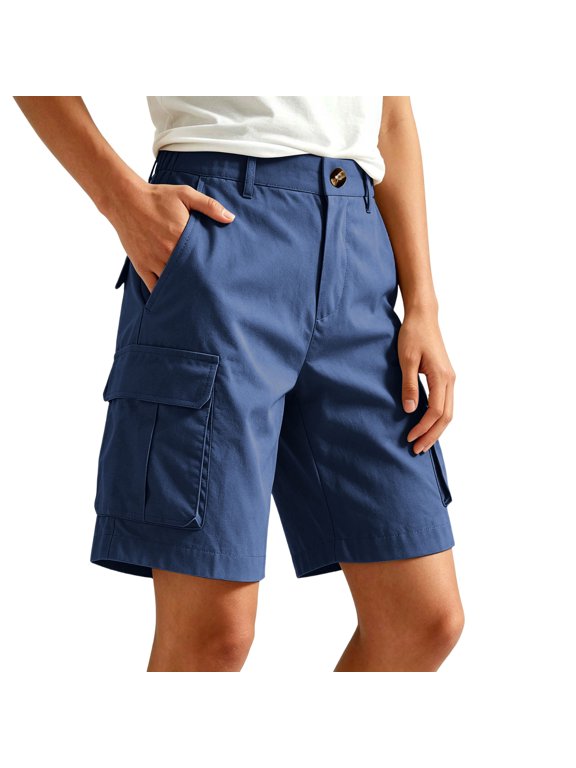 Women's High Waist Button Cargo Shorts with Pocket,Casual Outdoor Summer Shorts Blue,Women's Plus S