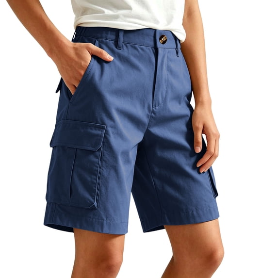 Binmer Women's High Waist Button Cargo Shorts with Pocket,Casual Outdoor Summer Shorts Blue,Women's Plus XL