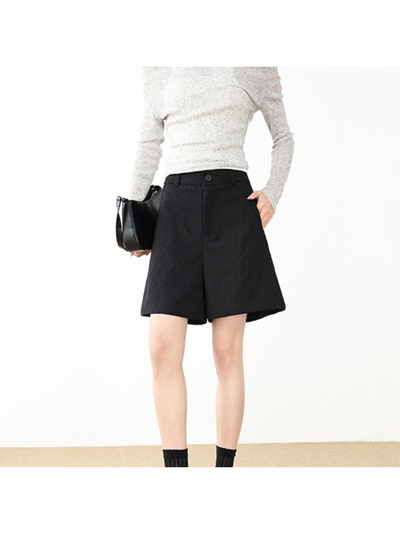 Women’s High Waist Button Dress Shorts with Pockets,Casual Relaxed Fit Summer Shorts Black,Women's Plus M