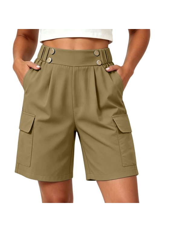 Women’s High Waist Button Pleated Bermuda Shorts with Pockets,Relaxed Fit Summer Casual Shorts Khaki,Women's Plus XXL