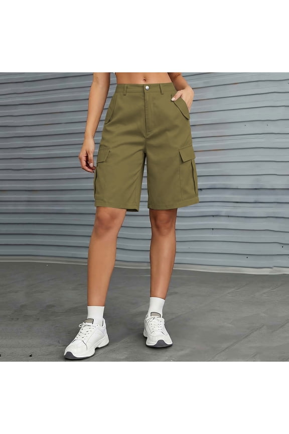 Women's High Waist Cargo Shorts, Casual Loose Fit Bermuda Shorts with Pockets Army Green,Women's Plus L