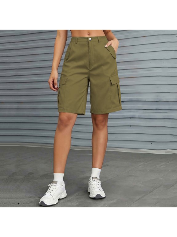 Women's High Waist Cargo Shorts, Casual Loose Fit Bermuda Shorts with Pockets Army Green,Women's Plus L