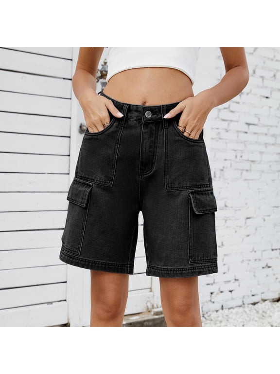 Women's High Waist Denim Cargo Shorts,Casual Relaxed Fit Jean Shorts with Pockets Black,Women's Plus XXL