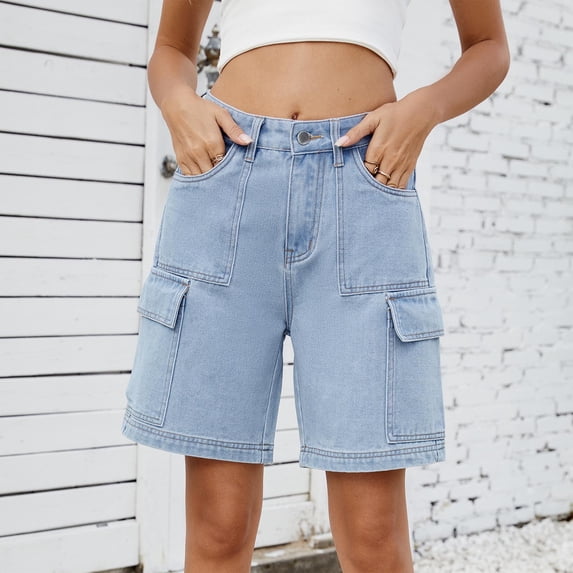 Binmer Women's High Waist Denim Cargo Shorts,Casual Relaxed Fit Jean Shorts with Pockets Light Blue,Women's Plus XXL