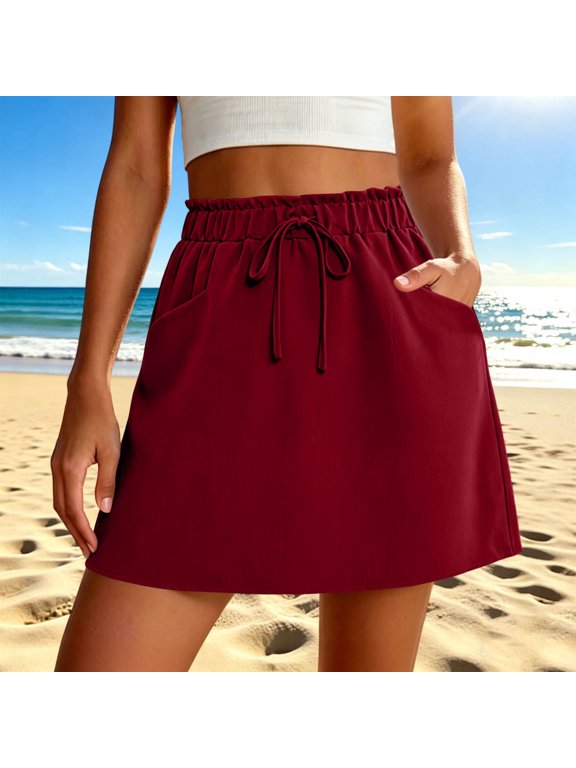 Women's High Waist Drawstring Mini Skirt with Pockets,Casual Summer Skirt Red,Women's Plus XXL