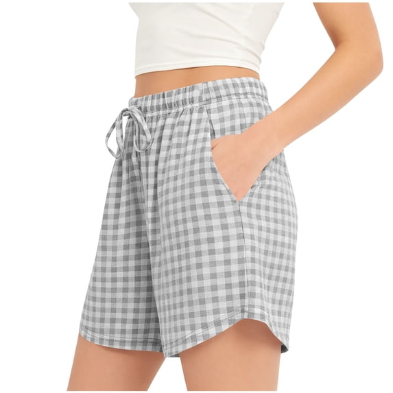Binmer Women's High Waist Drawstring Plaid Shorts with Pockets,Casual Summer Vacation Lounge Shorts Gray,Women's Plus M