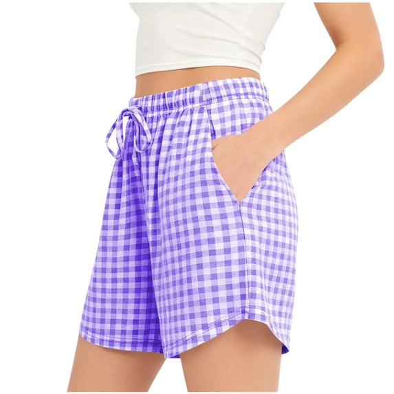 Binmer Women's High Waist Drawstring Plaid Shorts with Pockets,Casual Summer Vacation Lounge Shorts Purple,Women's Plus XXL