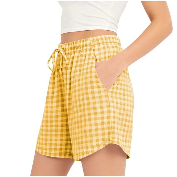 Binmer Women's High Waist Drawstring Plaid Shorts with Pockets,Casual Summer Vacation Lounge Shorts Yellow,Women's Plus XL