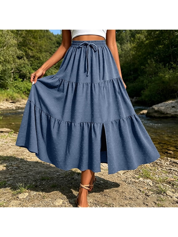 Women's High Waist Drawstring Tiered Flowy Midi Skirt, Solid Casual A Line Swing Skirt Blue,Women's Plus M