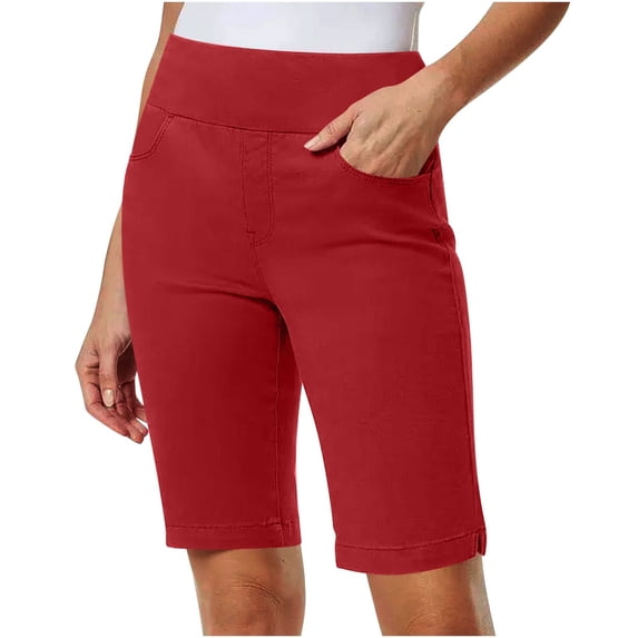 Binmer Women's High Waist Elaist Waist Bermuda Shorts,Casual Straight Leg Knee Length Shorts with Pockets Red,Women's Plus XXXXL