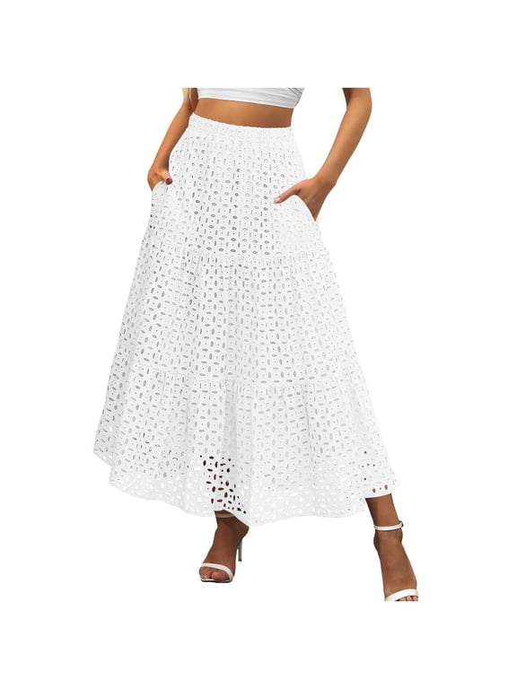Women's High Waist Eyelet A Line Midi Skirt with Pockets,Casual Summer Flared Skirt White,Women's Plus M