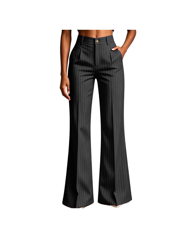 Women's High Waist Flare Leg Striped Dress Pants with Pockets,Solid Color Casual Work Trousers Black,Women's Plus M