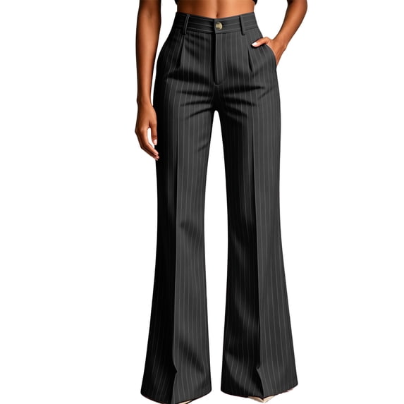 Binmer Women's High Waist Flare Leg Striped Dress Pants with Pockets,Solid Color Casual Work Trousers Black,Women's Plus XL