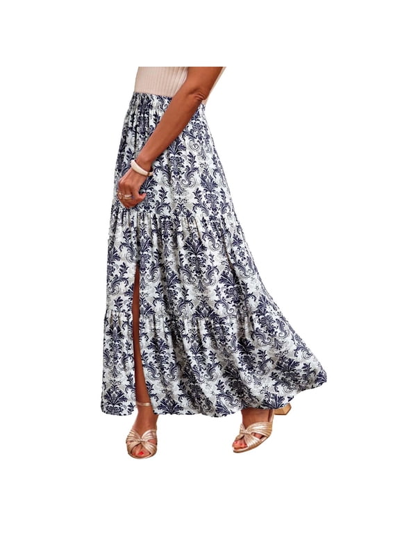 Women's High Waist Floral Print A Line Maxi Skirt with Slit,Casual Summer Flowy Swing Skirt B-Multicolor,Women's Plus XXL