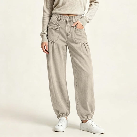Binmer Women's High Waist Jogger Denim Jeans with Pocket ,Casual Loose Drawstring Cuff Cargo Trousers Beige,Women's Plus XL