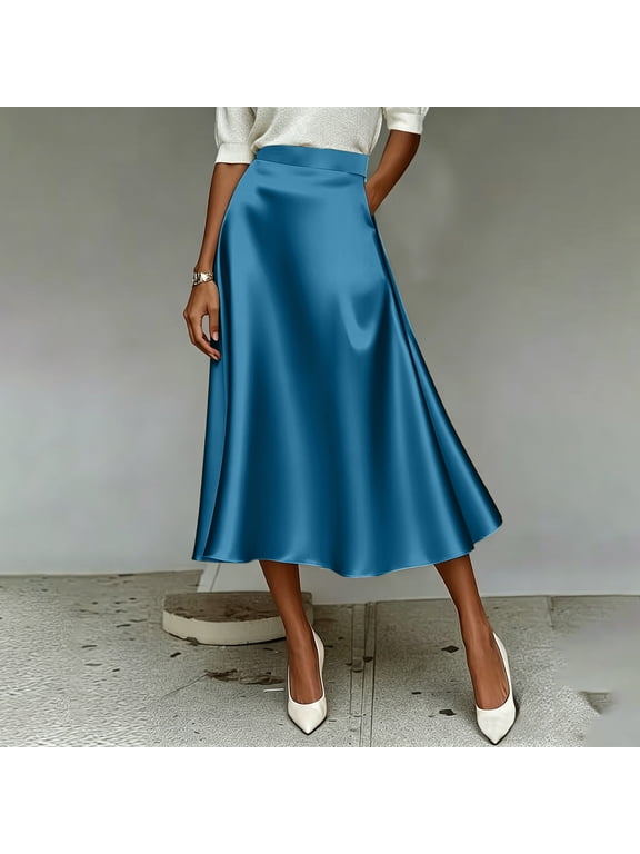 Women's High Waist Satin A Line Midi Skirt ,Elegant Casual Silky Skirt Blue,Women's Plus XXL
