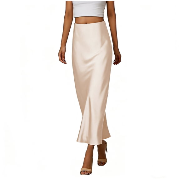 Binmer Women's High Waist Satin Mermaid Midi Skirt,Solid Casual Summer Bodycon Skirt Beige,Women's Plus XXXL