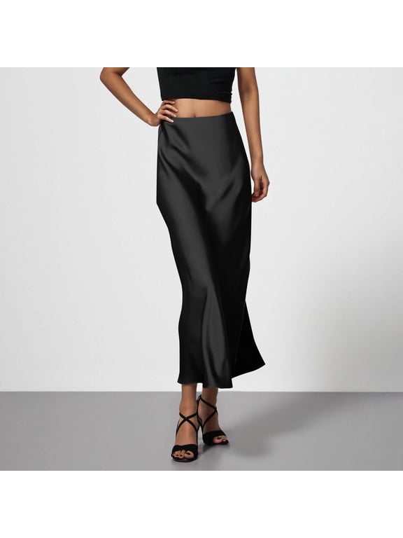 Women's High Waist Satin Mermaid Midi Skirt,Solid Casual Summer Bodycon Skirt Black,Women's Plus M