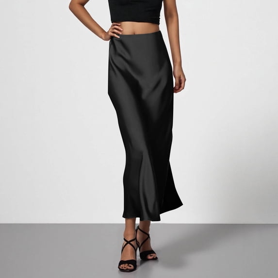 Binmer Women's High Waist Satin Mermaid Midi Skirt,Solid Casual Summer Bodycon Skirt Black,Women's Plus XXL