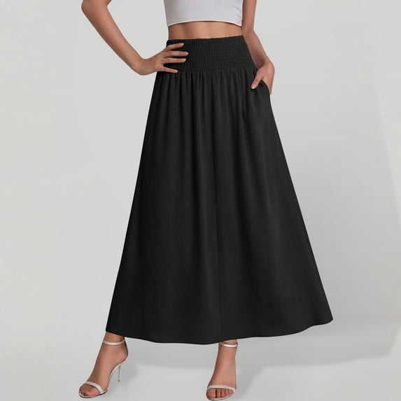 Binmer Women's High Waist Solid A Line Flowy Maxi Skirt with Pockets,Casual Summer Long Swing Skirt Black,Women's Plus L