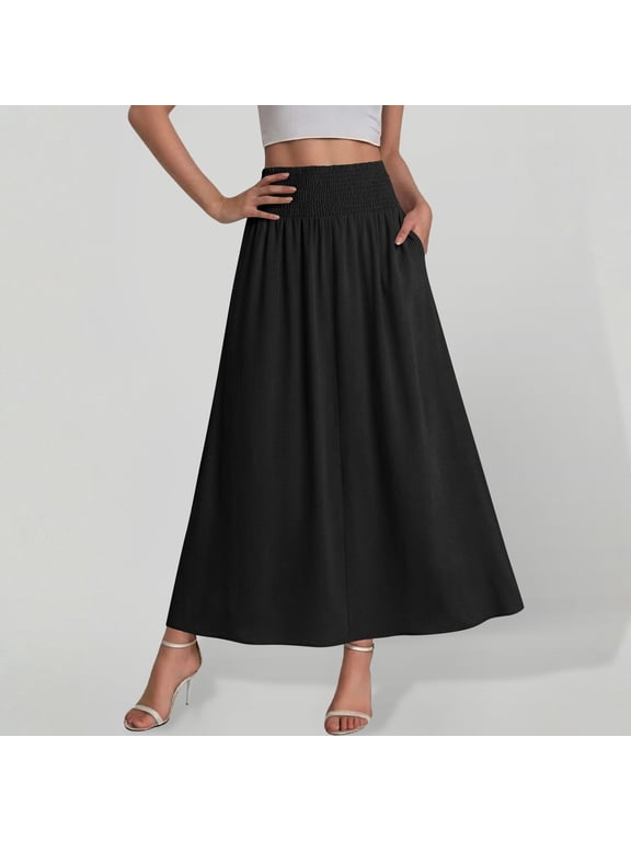 Women's High Waist Solid A Line Flowy Maxi Skirt with Pockets,Casual Summer Long Swing Skirt Black,Women's Plus L